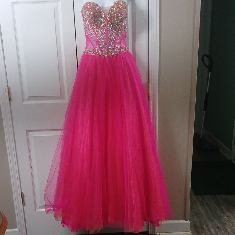Night Moves hot pink orange underlay gem upper body prom formal dress Sz 6